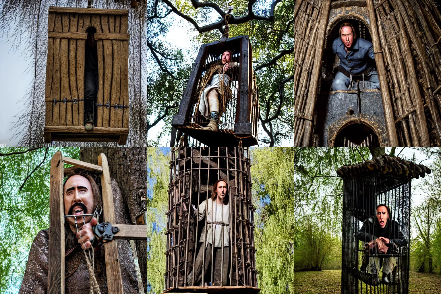 Prompt: Nicholas Cage imprisoned inside a medieval metal gibbet-cage (Willow movie), cage is hanging from an oak tree XF IQ4, f/1.4, ISO 200, 1/160s, 8K, RAW, unedited, symmetrical balance, in-frame