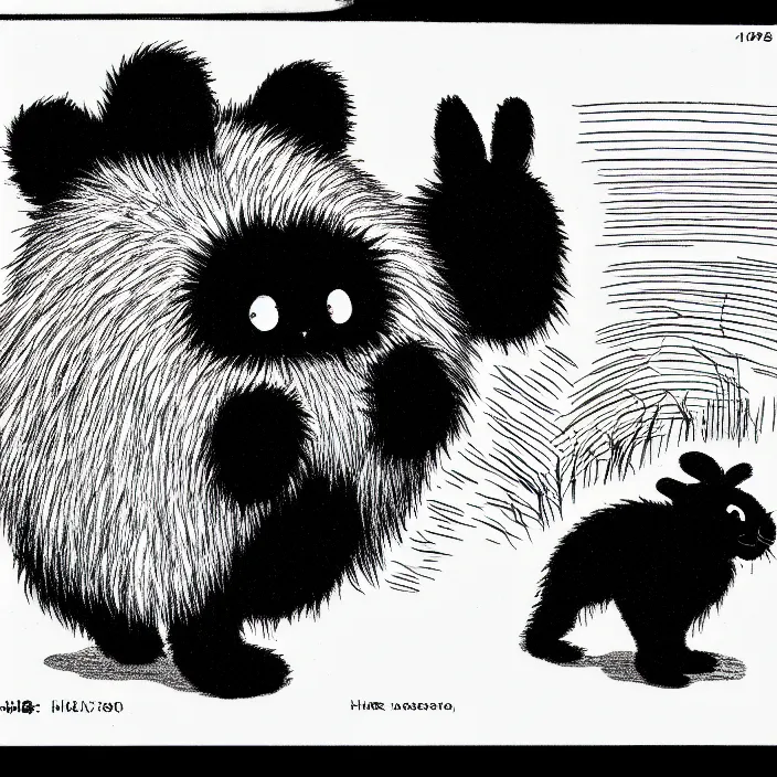 Image similar to a still frame from comic strip, black fluffy hairy furry rabbit on a clean background 1 9 5 0, herluf bidstrup, new yorker illustration, monochrome contrast bw, lineart, manga, tadanori yokoo, simplified,