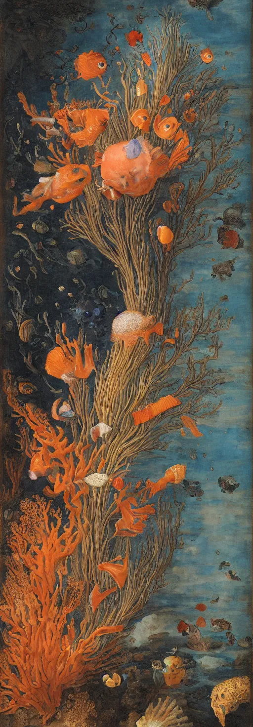 Image similar to bottle vase of coral under the sea decorated with a dense field of stylized scrolls that have opaque outlines enclosing mottled blue washes, with orange shells and purple fishes, Ambrosius Bosschaert the Elder, oil on canvas, hyperrealism, around the edges there are no objects