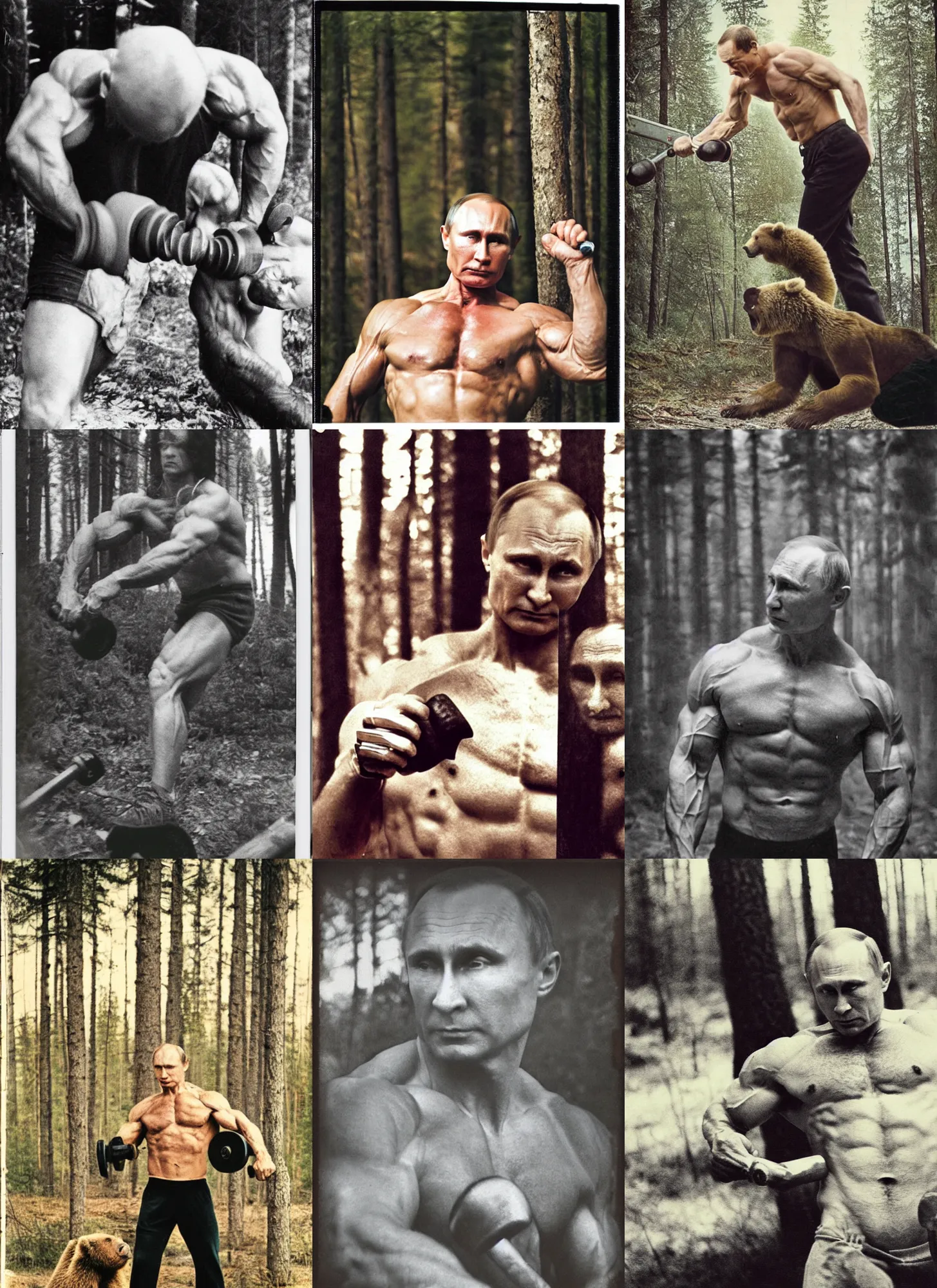 Prompt: medium close up shot, very muscular vladimir putin pumping iron with grizzly bear, in woods, polaroid photo, vintage, neutral colors, by gregory crewdson