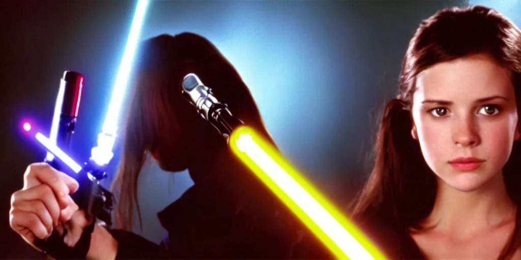 Image similar to a full color still of a young adult brunette girl holding a lightsaber hilt, cinematic lighting, 1999, directed by Steven Spielberg, 35mm