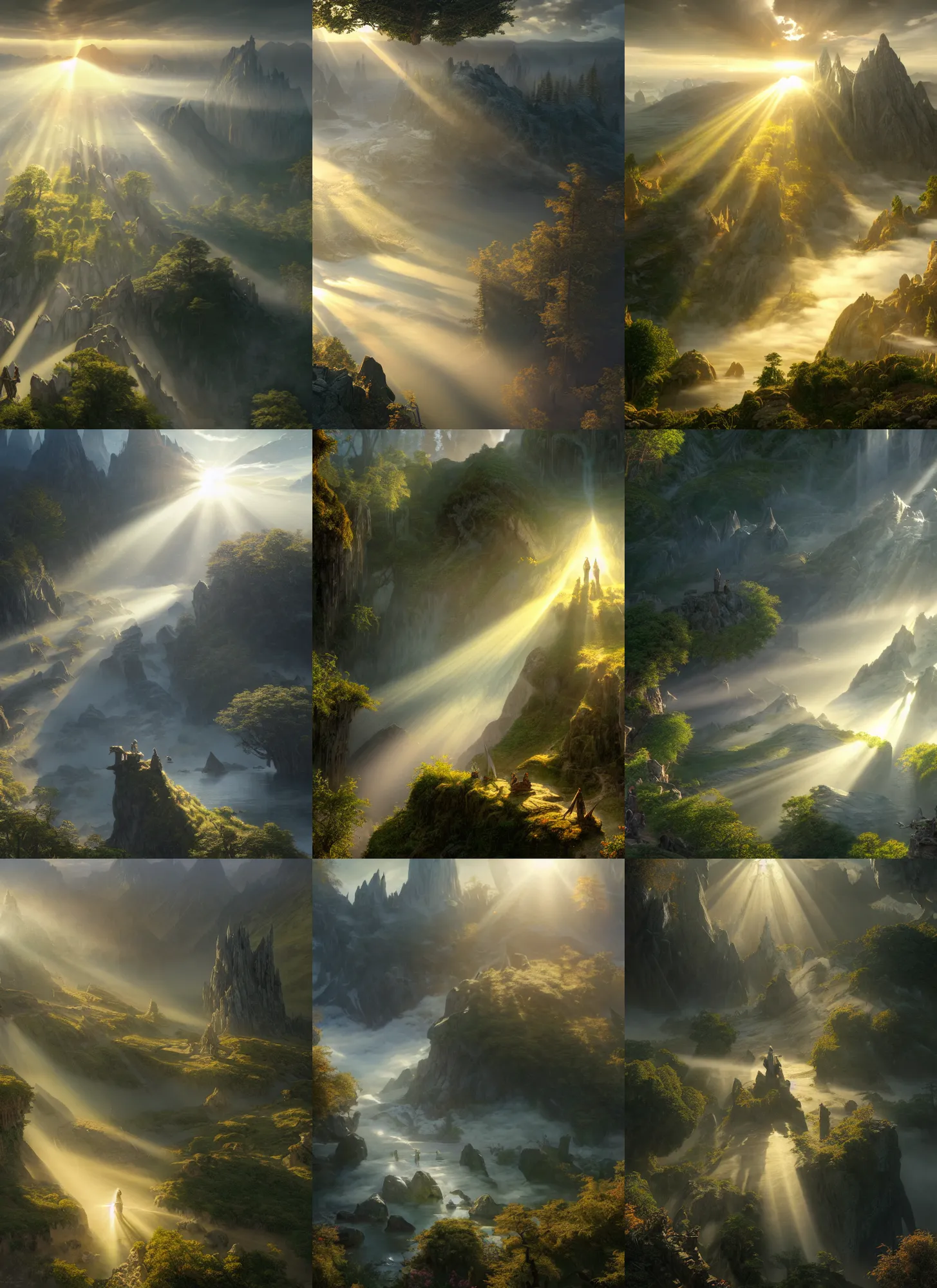 Prompt: a overhead view of middle earth, mist, sunrays, dust in the air, dnd character, unreal engine, octane render, dramatic lighting, pond, digital art, by stanley artgerm lau, greg rutkowski, thomas kindkade, alphonse mucha, loish, norman rockwell,