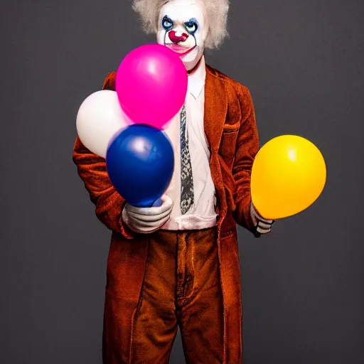 Image similar to a vintage studio portrait of a sad clown with balloons behind him, black background, chiaroscuro lighting, close up portrait, shallow depth of field, 8 0 mm, f 1. 8