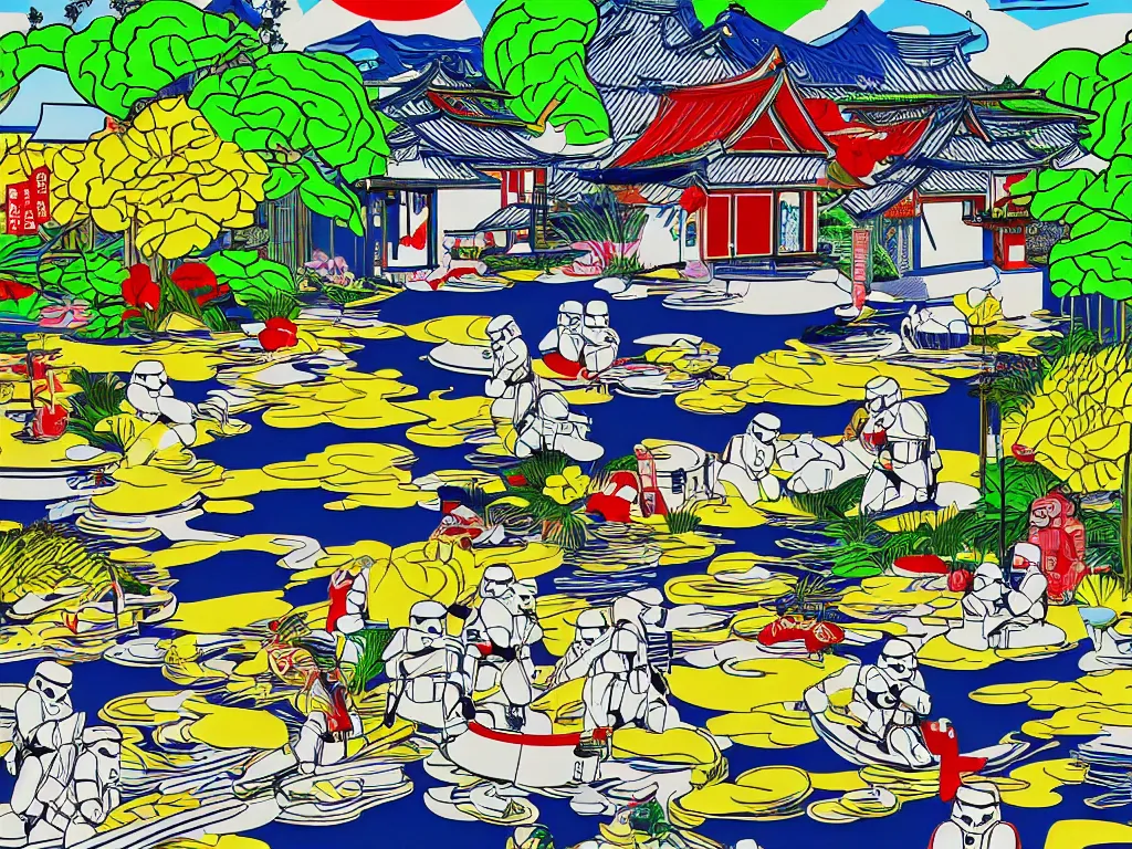 Prompt: close - up image of a japanese house with a pond, stormtroopers sitting around it, in style of pop - art, andy warhol, roy lichtenstein, jackie tsai, bright and saturated palette, acrylic on canvas