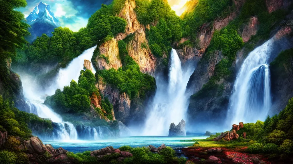 Prompt: a photorealistic portrait, stunningly beautiful colorful fantasy landscape, professionally retouched, soft lighting, hyper realistic, mountains, trees, beautifully detailed sky, waterfall, wide angle, sharp focus, 8 k high definition, 6 4 megapixels, insanely detailed, stunningly beautiful