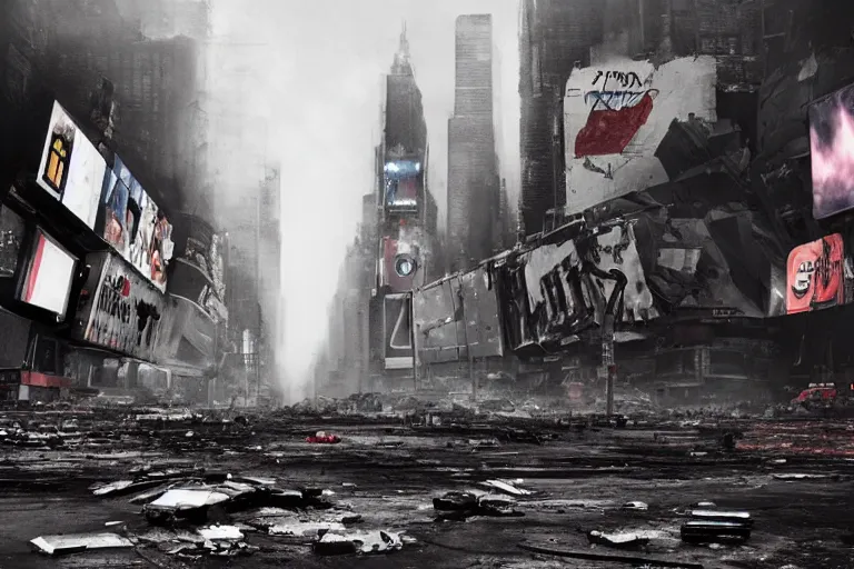 Prompt: photo of an destroyed times square after a nuclear attack, thunderstorm, desolate, 8 k, uhd, artstation, award winning