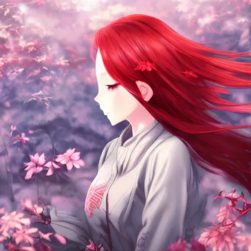 Image similar to infp anime girl with red hair, amid nature, hyper detailed digital art, dreamy, very atmospheric