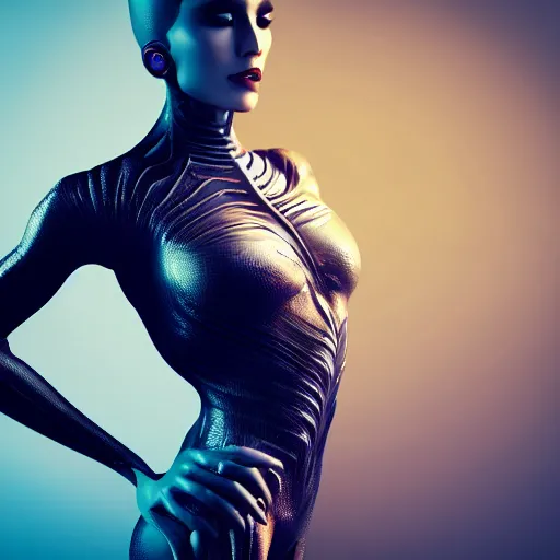 Image similar to Epic cinematic action scene render of a very beautiful female wearing Abstract tech bodysuit, focus, realistic eyes, symmetric body features proportions, golden ratio, ultra intricate details, award winning, unreal render