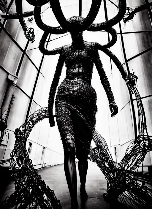 Image similar to walking down the catwalk, steven klein, show, stage, vogue photo, podium, fashion show photo, historical baroque dress, iris van herpen, beautiful woman, full body shot, masterpiece, intricate, wires, veins, jellyfishs, biopunk, guyver, highly detailed