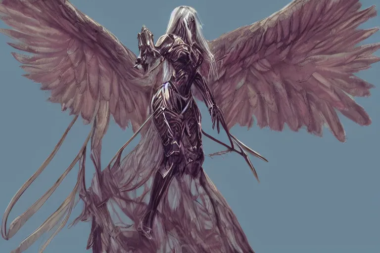 Image similar to concept art, woman angel in armor, large wingspan, dramatic pose, full color digital art