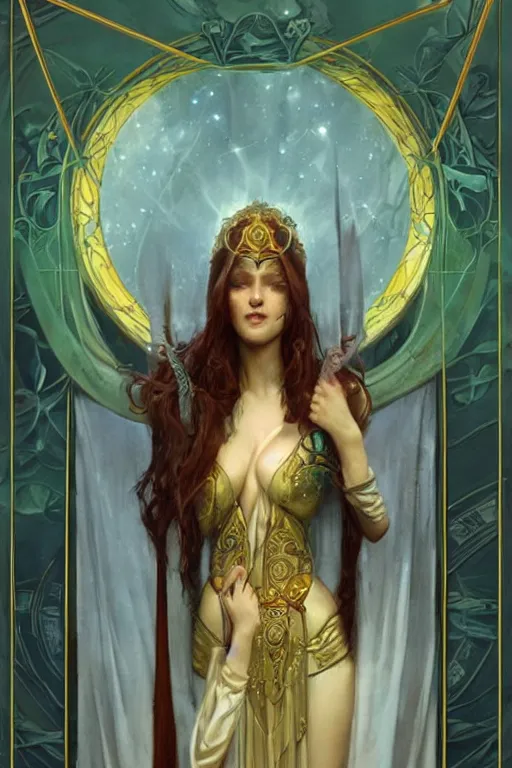 Image similar to tarot card, high priestess, Art nouveau, by bastien deharme, trending on artstation, Brom