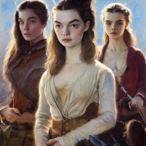 Image similar to ultra realistic portrait painting of elle fanning, ana de armas, anya taylor - joy as a western outlaw, art by frank frazetta, 4 k, ultra realistic, highly detailed, epic lighting