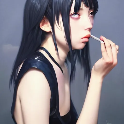 Prompt: a beautiful young japanese billie eilish kat dennings alluring instagram model in elaborate latex tank top, by guweiz and wlop and ilya kuvshinov and artgerm and makoto shinkai and studio ghibli, symmetrical eyes, aesthetic, gorgeous, stunning, alluring, attractive, artstation, deviantart, pinterest, digital art