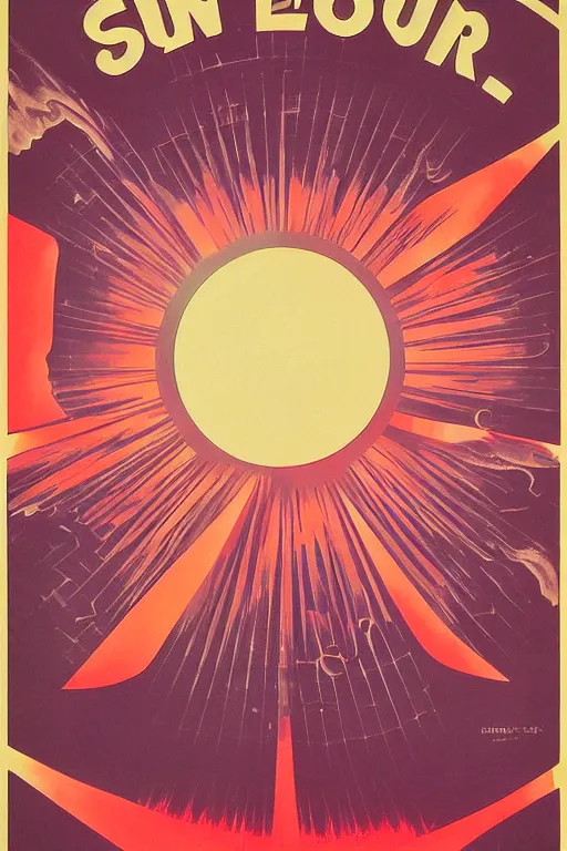 Prompt: poster of the sun, 1 9 5 0 s style, futuristic design, dark, symmetrical, washed out color, centered, art deco, 1 9 5 0's futuristic, glowing highlights, intense