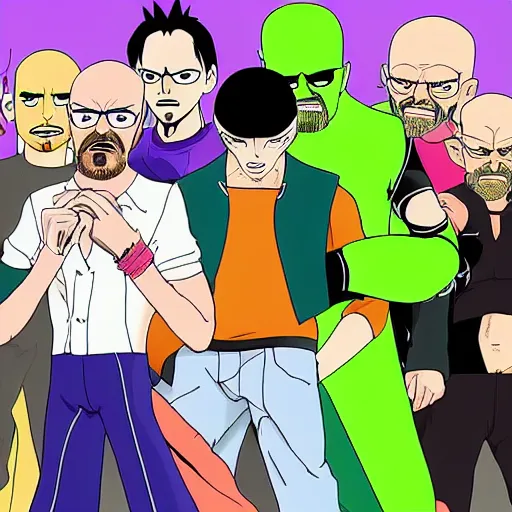 Image similar to Jessie pinkman wrestling walter white breaking bad in one piece anime style