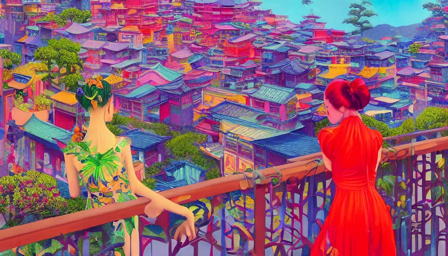 Prompt: a vibrant dream of nostalgic psychedelic hallucination of a girl from behind on a balcony looking over a jiufen and kyoto japan, lush plants and lanterns, a beautiful woman wearing a gucci dress, high fashion, by moebius, edward hopper and james gilleard, zdzislaw beksinski, james jean, steven outram hd, 8 k, artstation