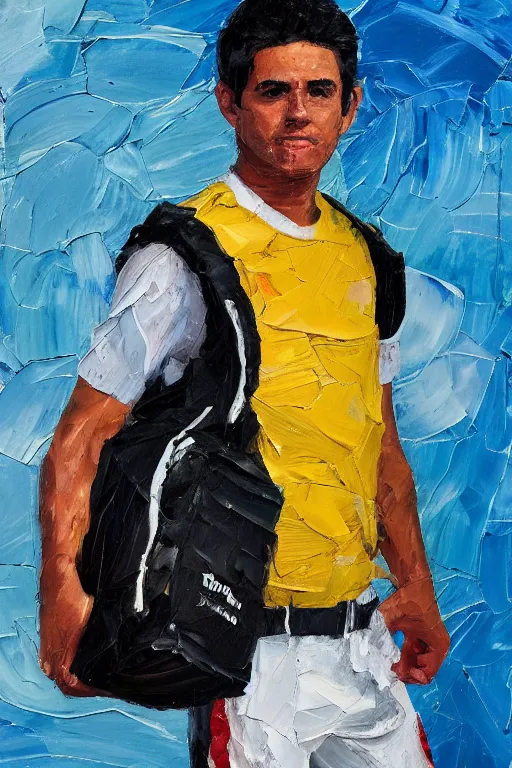 Image similar to palette knife oil painting portrait of juan delamar, a lean, dark haired young man of below average height, carrying a duffel bag with swin gear. blank, quiet, numb, extreme detail, artstation trending, artgerm, any racial background, deviant art, octane, substance, art history 8 k