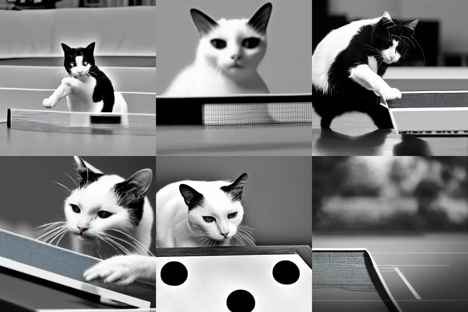 Prompt: a black and white cat playing table tennis realistic high detail