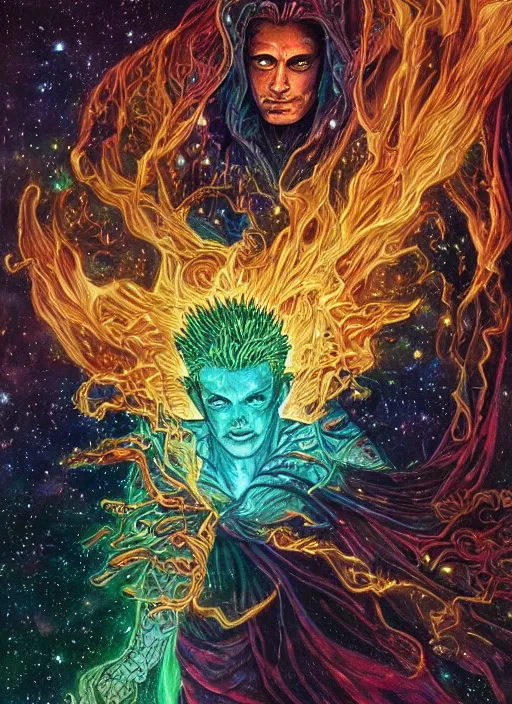 Image similar to high intricate colored ink drawing of the sandman holding a glimmering fire - galaxy, full shot, neil gaiman, maria panfilova, andrea savchenko, mike kime, ludovic plouffe, qi sheng luo, oliver cook, julian calle, eddie mendoza, trending on artstation