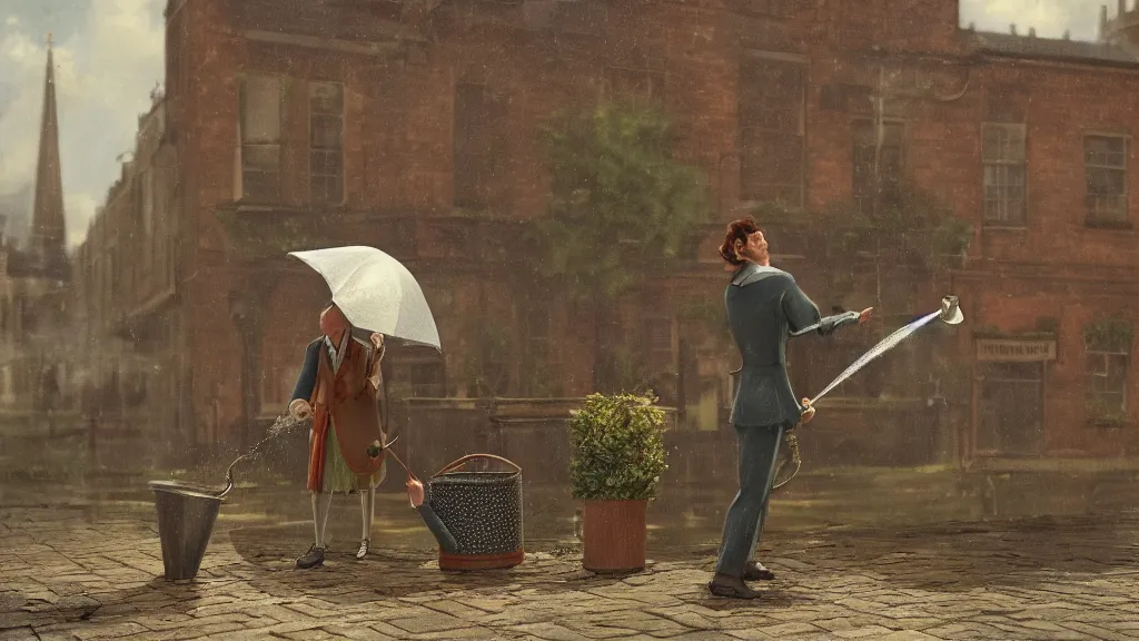 Image similar to Gulliver using a watering can to drop rain in the Lilliputian town of London, nineteenth century, photorealistic, f16, rendered in octane