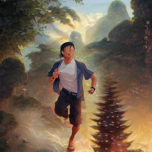 Image similar to portrait of a taiwanese man running, an oil painting by ross tran and thomas kincade, studio ghibli