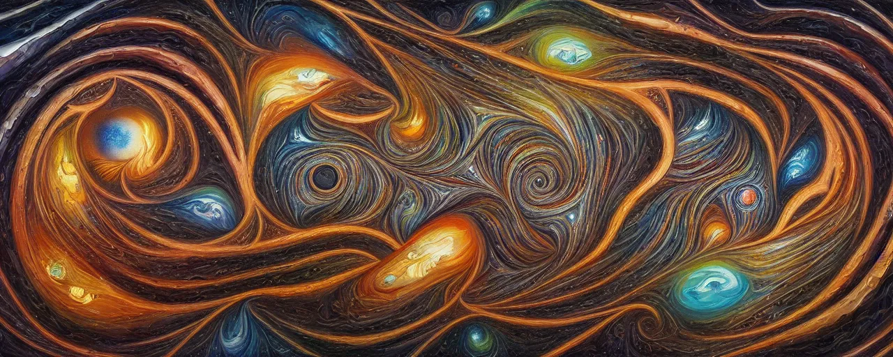 Prompt: a wonderful oil painting of a magic elemental sequential interdimensional galactic fractal mathematics just for practice in the style of junji ito and escher, psytrance and giger, artstationhq, magic realism, 8 k, ornate, detailed