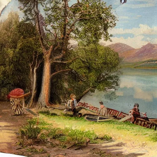 Image similar to realistic Portrait of a victorian town near a lake. Colour, Detailed.