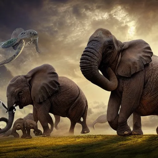 Image similar to Great A'Tuin the Giant Star Turtle carrying four giant elephants who carry the Discworld, epic fantasy art in hyper realistic photograph