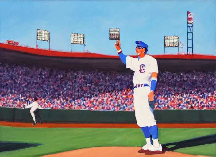 Prompt: painting of harry caray singing take me out to the ball game, malort bottle in hand, wrigley field background, blue sky, baseball, sharp,