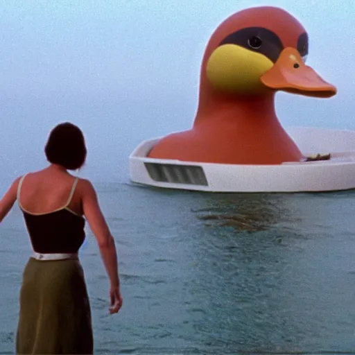 Prompt: a giant duck, a still of attack of the 5 0 ft. woman ( 1 9 9 3 )