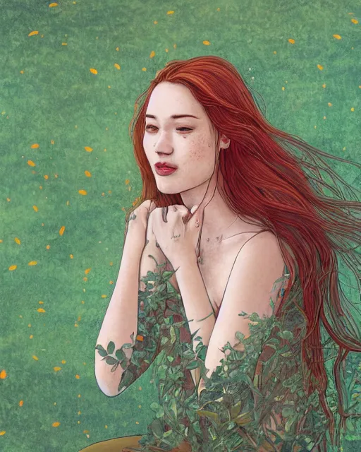 Image similar to a young woman, admiring the lights of golden fireflies, sitting in the midst of nature fully covered, long loose red hair, intricate linework, green eyes, small nose with freckles, oval shape face, soft happy smile, realistic, expressive emotions, mystical scene, hyper realistic ultrafine detailed illustration by james jean