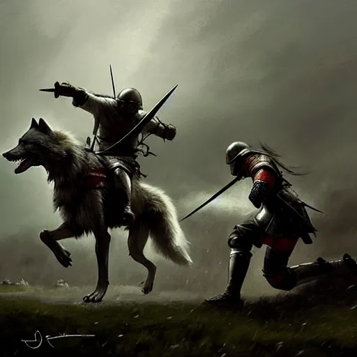 Prompt: one!!!! large white wolf fighting a medieval soldier, artstation, jakub rozalski, high detail, dramatic lighting, night, rain