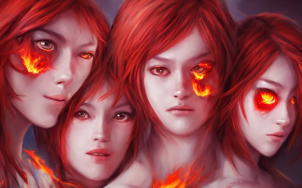 Image similar to A realistic anime portrait of a beautiful fire spirit twins with glowing red eyes and firey skin wearing clothes made of flames, digital painting, by Stanley Artgerm Lau, Sakimichan, WLOP and Rossdraws, digtial painting, trending on ArtStation, SFW version