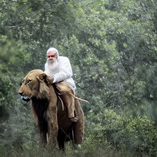 Image similar to old man ( long white beard and a hood ) riding on lions back