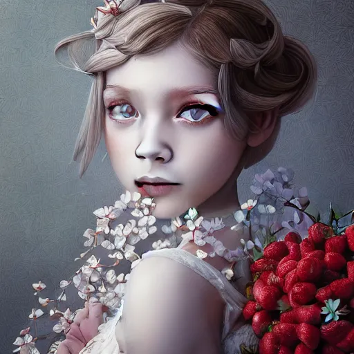 Image similar to the portrait of the absurdly beautiful, graceful, elegant, sophisticated, fashionable little girl made of strawberries and white petals looking down, an ultrafine hyperdetailed illustration by kim jung gi, irakli nadar, intricate linework, bright colors, octopath traveler, final fantasy, unreal engine 5 highly rendered, global illumination, radiant light, detailed and intricate environment