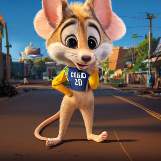 Image similar to 3 d render, portrait, mid shot, anthropomorphic mouse, female, blond fur, blue eyes, wearing denim short shorts, wearing a off yellow tank top shirt, solo, in the style of zootopia