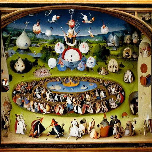 Prompt: donald duck in the garden of earthly delights by hieronymus bosch.