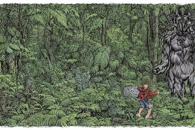 Prompt: a young boy entering a huge mysterious and fantasy forest with a bearlike huge monster in a distant clearing, large path, mushrooms, lush exotic vegetation, very graphic illustration by jean giraud and james jean, drawing, ultradetailed, clean line, colorful comics style, dynamic lighting, night