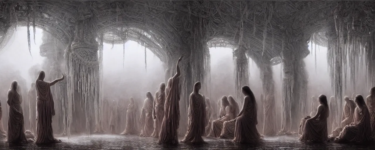 Prompt: A painting of priestesses worshipping at the jellyfish temple, shrouded in mist, jellyfish god, 8K, illustration, by Gustave Dore and Greg Rutkowski, smoke, cinematic, insanely detailed and intricate, hypermaximalist, elegant, super detailed, award-winning, mauve and cyan, mysterious, ancient, ritual, ethereal, trending in cgsociety, artstation HQ, ornate, elite, haunting, matte painting