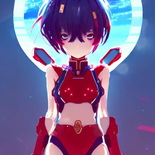 Image similar to digital anime art, wlop, rossdraws, sakimimichan, > > very small cute girl < < standing on a large table, red mech arms and red mech legs,