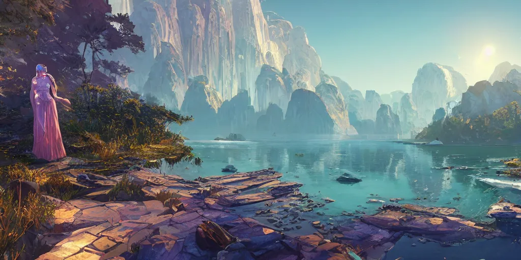 Prompt: a gleaming crystal archipelago in gta v, stephen bliss, unreal engine, illustration, fantasy art by greg rutkowski, loish, rhads, ferdinand knab, makoto shinkai and lois van baarle, ilya kuvshinov, rossdraws, tom bagshaw, global illumination, radiant light, detailed and intricate environment