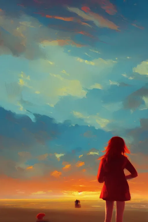 Prompt: a red haired young girl beach surreal, sunrise, dramatic light, impressionist painting, colorful clouds, digital painting, artstation, simon stalenhag