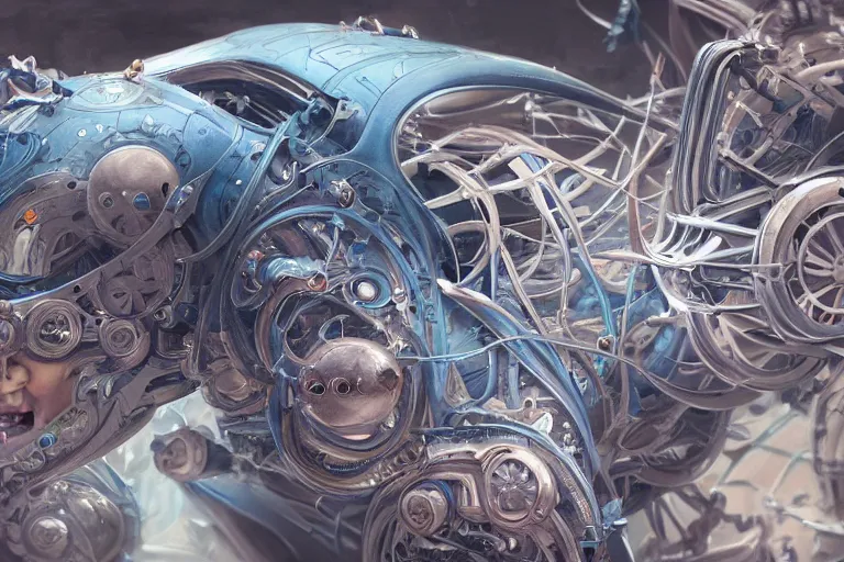 Image similar to hyperrealistic photography of a machine being constructed by a female scientist in the style of Jin Kagetsu, James Jean and wlop, highly detailed, masterpiece, award-winning, sharp focus, intricate concept art, digital painting, ambient lighting, 4k, artstation
