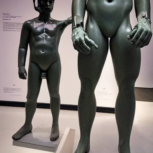 Image similar to “a realistic detailed photo of a guy who is an attractive humanoid who is half robot and half humanoid, who is a male android, British diver Jack Laugher & Chris Mears, shiny skin, posing like a statue, blank stare, at the museum, on display”