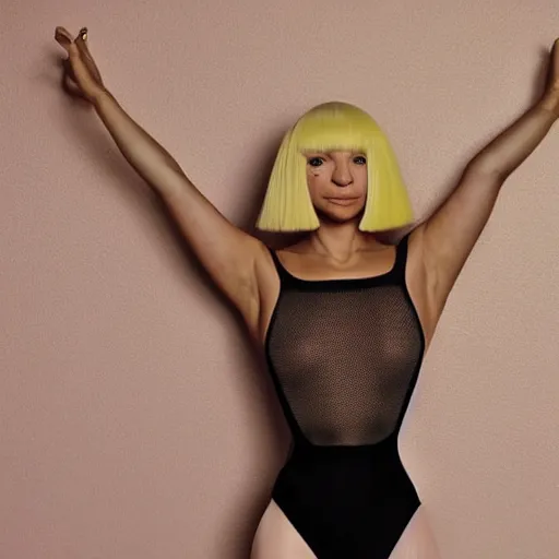 Image similar to sia furler wearing a skin colored leotard full body artistic photoshoot