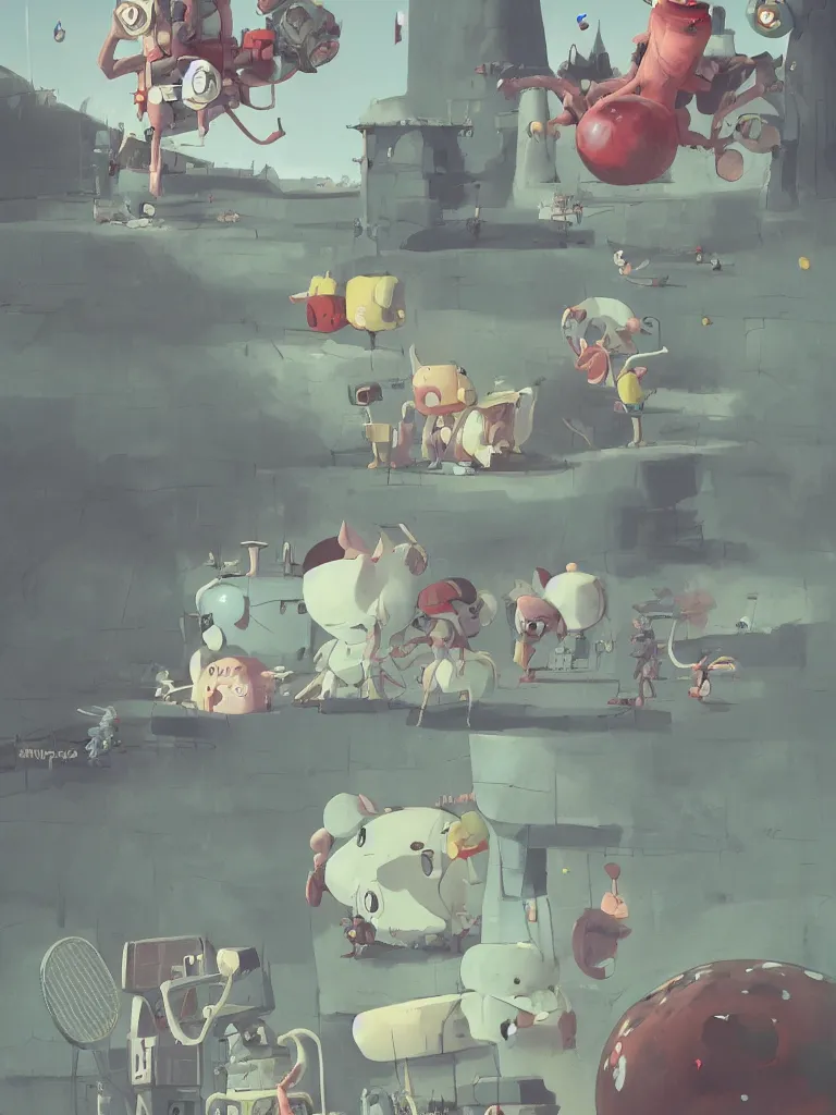 Prompt: cute anime monsters playing tennis by Goro Fujita and Simon Stalenhag and Banksy and Hieronymous Bosch, 8k, trending on artstation, hyper detailed, cinematic