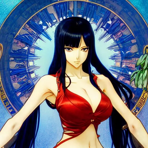 Image similar to highly detailed vfx portrait of nico robin by eiichiro oda, makoto shinkai, alphonse mucha, sharp focus, art by artgerm and greg rutkowski!, backlit, harsh overhead sunlight, blue eyes, stanley kybric, hiroya oku, makoto yukimura, takeshi obata, pixiv, fanbox,