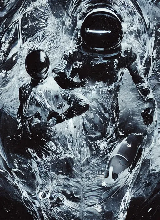 Prompt: astronauts in dark minimalists underwater - hyperdetailed suit. reflection and dispersion plastic materials. water bubbles. rays and dispersion of light. volumetric light. 5 0 mm, f / 3 2. noise film photo. flash photography. ultra realistic, wide angle. poster by wayne barlowe, hajime sorayama aaron horkey, craig mullins. dark key.