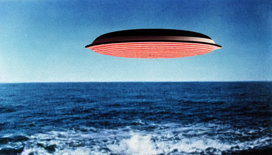 Image similar to 7 0 s film still of a ufo hovering above ocean, highly intricate, highly realistic, kodachrome, cinecolor, cinestill, photorealism, cinematic, film grain, film texture, vhs recording