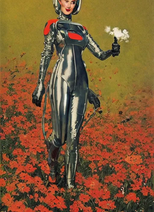 Image similar to tall elegant woman wearing a latex spacesuit standing in flowery martian meadow, by norman rockwell, jack kirby, jon berkey, earle bergey, craig mullins, ruan jia, jeremy mann, tom lovell, marvel, astounding stories, 5 0 s pulp illustration, scifi, fantasy